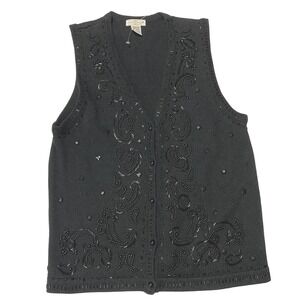 Yarnworks Sweater Vest Black Size Medium Heavily Jeweled Beaded NWOT 18"x25"